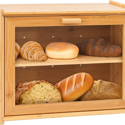 Double Layer Bamboo Bread Box for Kitchen Counter with Large Capacity and Transparent Window.