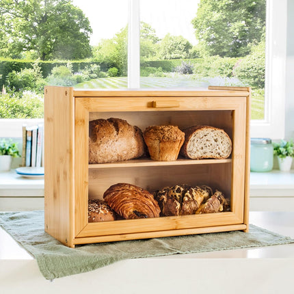 Double Layer Bamboo Bread Box for Kitchen Counter with Large Capacity and Transparent Window.