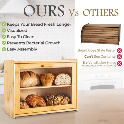 Double Layer Bamboo Bread Box for Kitchen Counter with Large Capacity and Transparent Window.