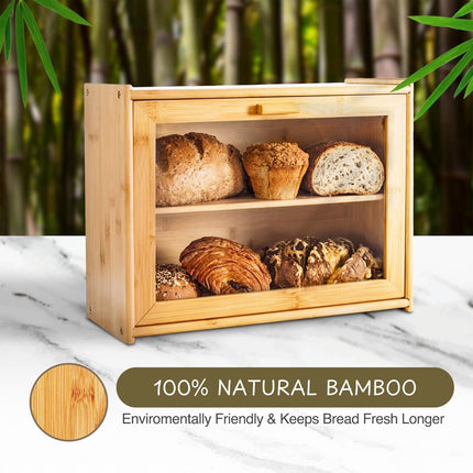 Double Layer Bamboo Bread Box for Kitchen Counter with Large Capacity and Transparent Window.