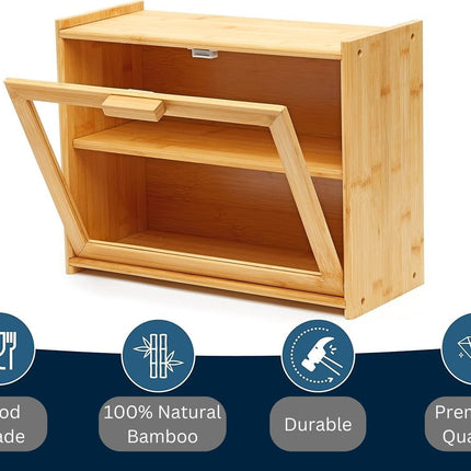 Double Layer Bamboo Bread Box for Kitchen Counter with Large Capacity and Transparent Window.