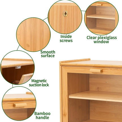 Double Layer Bamboo Bread Box for Kitchen Counter with Large Capacity and Transparent Window.