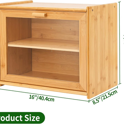 Double Layer Bamboo Bread Box for Kitchen Counter with Large Capacity and Transparent Window.