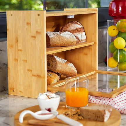 Double Layer Bamboo Bread Box for Kitchen Counter with Large Capacity and Transparent Window.