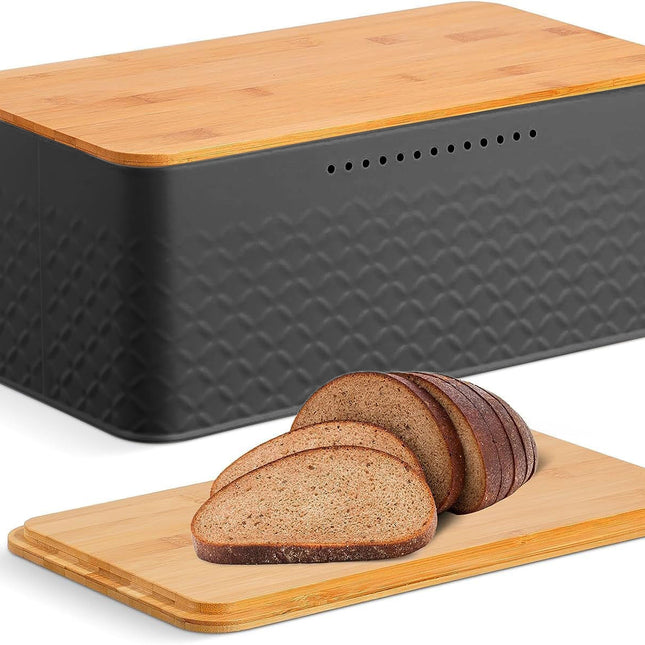 Bread Bin with Bamboo Lid used as Chopping Board for Kitchen Countertop.