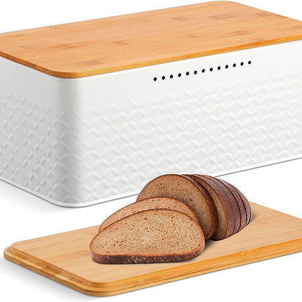 Bread Bin with Bamboo Lid used as Chopping Board for Kitchen Countertop.