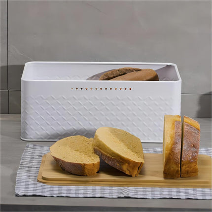 Bread Bin with Bamboo Lid used as Chopping Board for Kitchen Countertop.