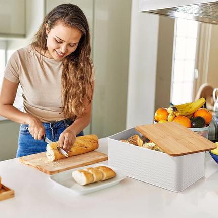 Bread Bin with Bamboo Lid used as Chopping Board for Kitchen Countertop.
