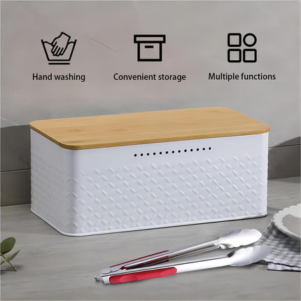 Bread Bin with Bamboo Lid used as Chopping Board for Kitchen Countertop.