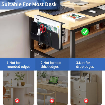 Under Desk Side Laptop Holder Storage with No Drill Cable Management Tray and Pen Storage for Office and Home.