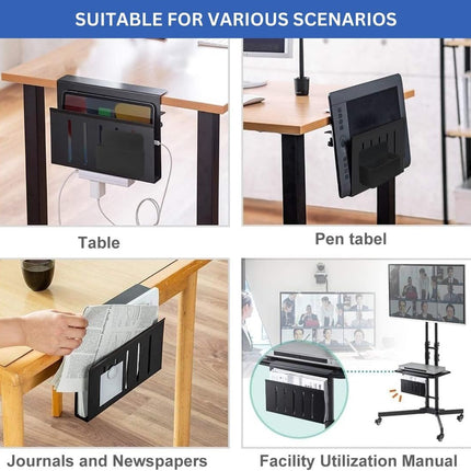 Under Desk Side Laptop Holder Storage with No Drill Cable Management Tray and Pen Storage for Office and Home.