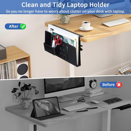 Under Desk Side Laptop Holder Storage with No Drill Cable Management Tray and Pen Storage for Office and Home.