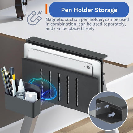 Under Desk Side Laptop Holder Storage with No Drill Cable Management Tray and Pen Storage for Office and Home.