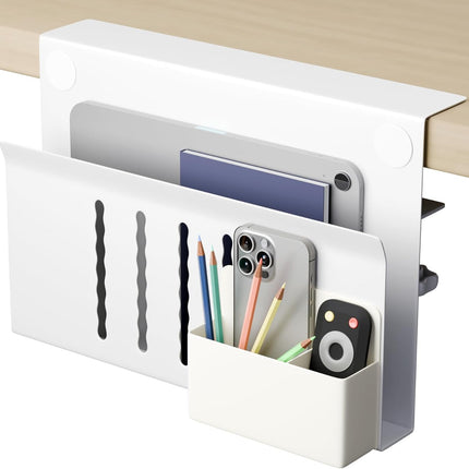 Under Desk Side Laptop Holder Storage with No Drill Cable Management Tray and Pen Storage for Office and Home.