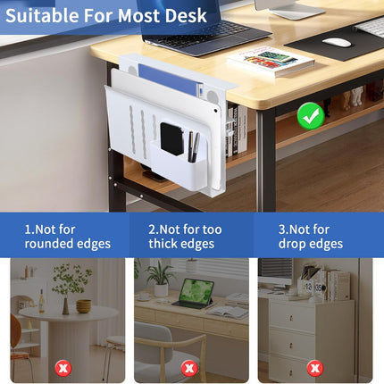 Under Desk Side Laptop Holder Storage with No Drill Cable Management Tray and Pen Storage for Office and Home.