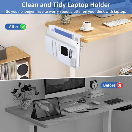 Under Desk Side Laptop Holder Storage with No Drill Cable Management Tray and Pen Storage for Office and Home.