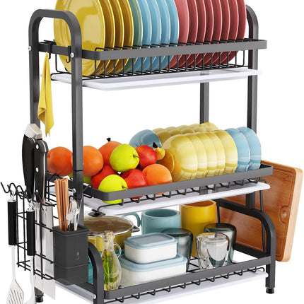 Dish Drying Rack 3 Tier Large Capacity Kitchen Storage with Utensil and Cutting Board Holder.