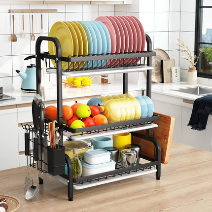 Dish Drying Rack 3 Tier Large Capacity Kitchen Storage with Utensil and Cutting Board Holder.