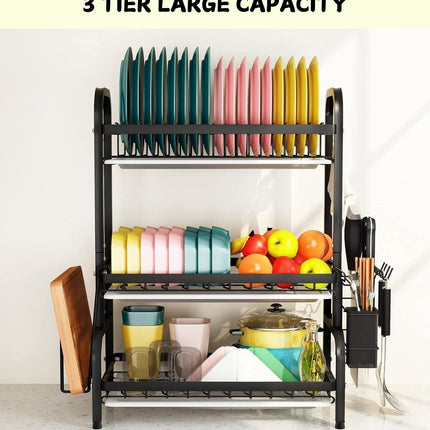 Dish Drying Rack 3 Tier Large Capacity Kitchen Storage with Utensil and Cutting Board Holder.