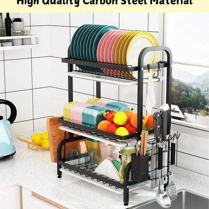Dish Drying Rack 3 Tier Large Capacity Kitchen Storage with Utensil and Cutting Board Holder.