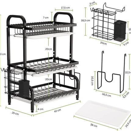 Dish Drying Rack 3 Tier Large Capacity Kitchen Storage with Utensil and Cutting Board Holder.