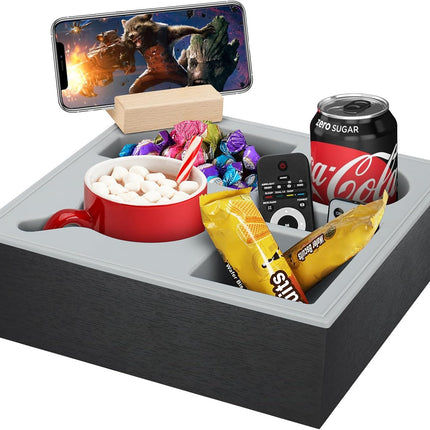 Wooden Couch Cup Holder Tray with Soft Silicone & Rotatable Phone Holder for Storaging Drinks & Snacks.