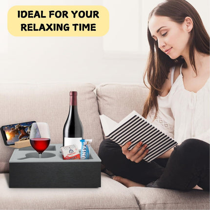 Wooden Couch Cup Holder Tray with Soft Silicone & Rotatable Phone Holder for Storaging Drinks & Snacks.