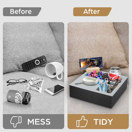 Wooden Couch Cup Holder Tray with Soft Silicone & Rotatable Phone Holder for Storaging Drinks & Snacks.