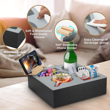 Wooden Couch Cup Holder Tray with Soft Silicone & Rotatable Phone Holder for Storaging Drinks & Snacks.