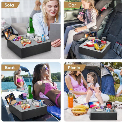 Wooden Couch Cup Holder Tray with Soft Silicone & Rotatable Phone Holder for Storaging Drinks & Snacks.