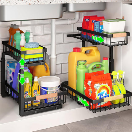 Set 2 pcs - 2-Tier Kitchen Under Sink Organiser Storage with Height Adjustable, Unique Slide Rail & Suction Cups for Storage.