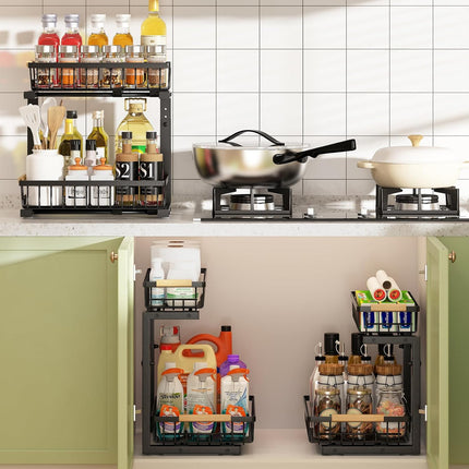 Set 2 pcs - 2-Tier Kitchen Under Sink Organiser Storage with Height Adjustable, Unique Slide Rail & Suction Cups for Storage.