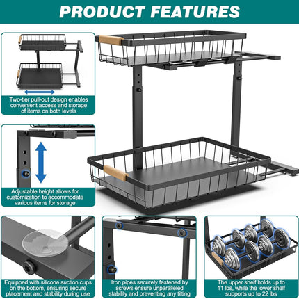 Set 2 pcs - 2-Tier Kitchen Under Sink Organiser Storage with Height Adjustable, Unique Slide Rail & Suction Cups for Storage.