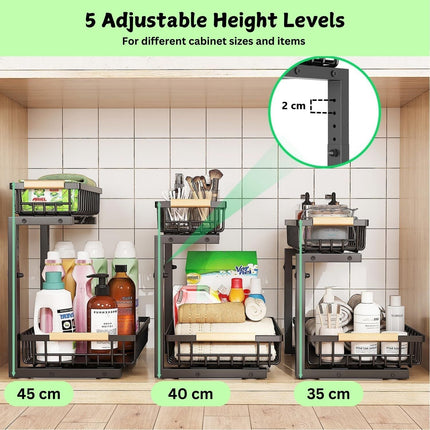 Set 2 pcs - 2-Tier Kitchen Under Sink Organiser Storage with Height Adjustable, Unique Slide Rail & Suction Cups for Storage.