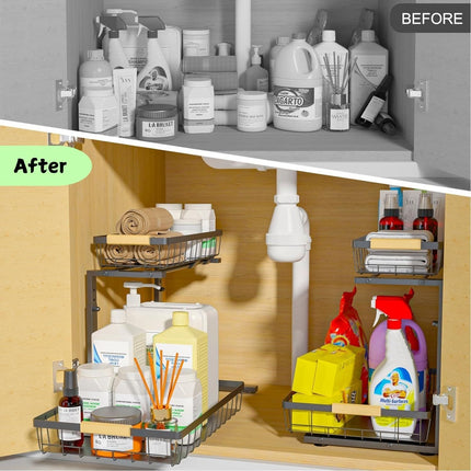 Set 2 pcs - 2-Tier Kitchen Under Sink Organiser Storage with Height Adjustable, Unique Slide Rail & Suction Cups for Storage.