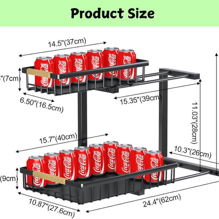 Set 2 pcs - 2-Tier Kitchen Under Sink Organiser Storage with Height Adjustable, Unique Slide Rail & Suction Cups for Storage.