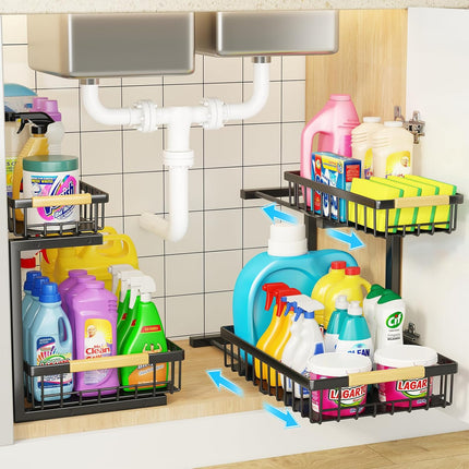 Set 2 pcs - 2-Tier Kitchen Under Sink Organiser Storage with Height Adjustable, Unique Slide Rail & Suction Cups for Storage.
