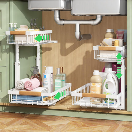 Set 2 pcs - 2-Tier Kitchen Under Sink Organiser Storage with Height Adjustable, Unique Slide Rail & Suction Cups for Storage.
