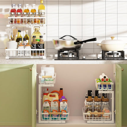 Set 2 pcs - 2-Tier Kitchen Under Sink Organiser Storage with Height Adjustable, Unique Slide Rail & Suction Cups for Storage.