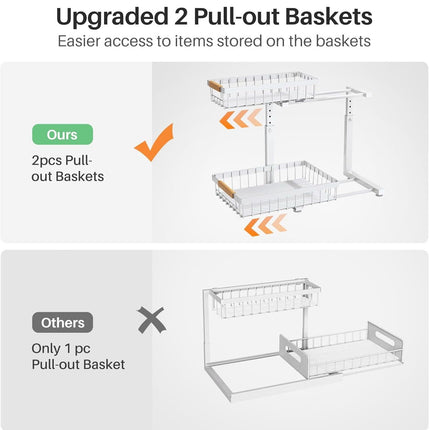 Set 2 pcs - 2-Tier Kitchen Under Sink Organiser Storage with Height Adjustable, Unique Slide Rail & Suction Cups for Storage.