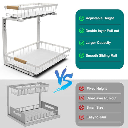 Set 2 pcs - 2-Tier Kitchen Under Sink Organiser Storage with Height Adjustable, Unique Slide Rail & Suction Cups for Storage.