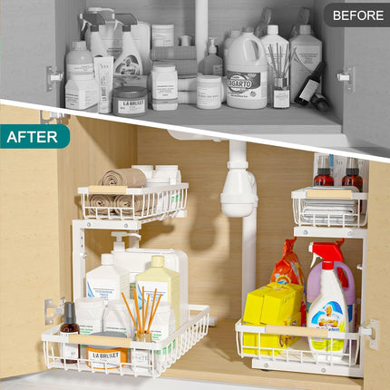 Set 2 pcs - 2-Tier Kitchen Under Sink Organiser Storage with Height Adjustable, Unique Slide Rail & Suction Cups for Storage.