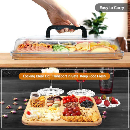 CARLA HOME Bamboo Charcuterie Board with Lid & Handle ideal Gift for Kitchen, Party & Picnic (6 Compartments).