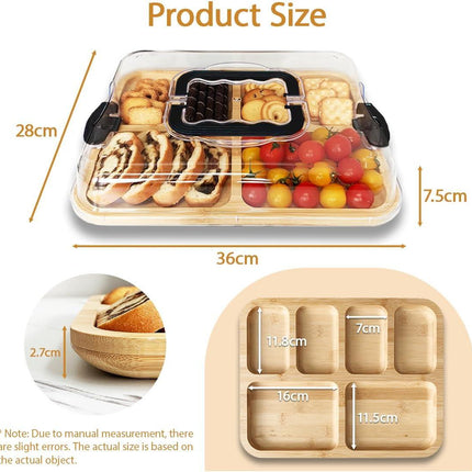 CARLA HOME Bamboo Charcuterie Board with Lid & Handle ideal Gift for Kitchen, Party & Picnic (6 Compartments).