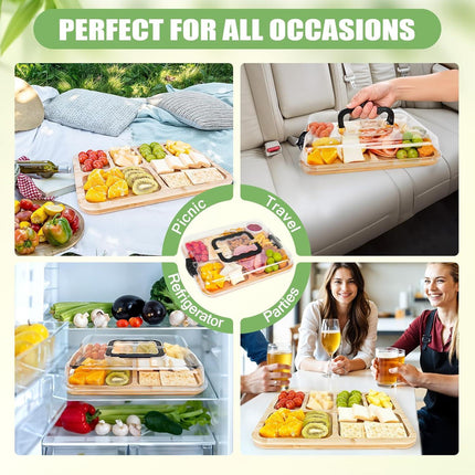 CARLA HOME Bamboo Charcuterie Board with Lid & Handle ideal Gift for Kitchen, Party & Picnic (6 Compartments).