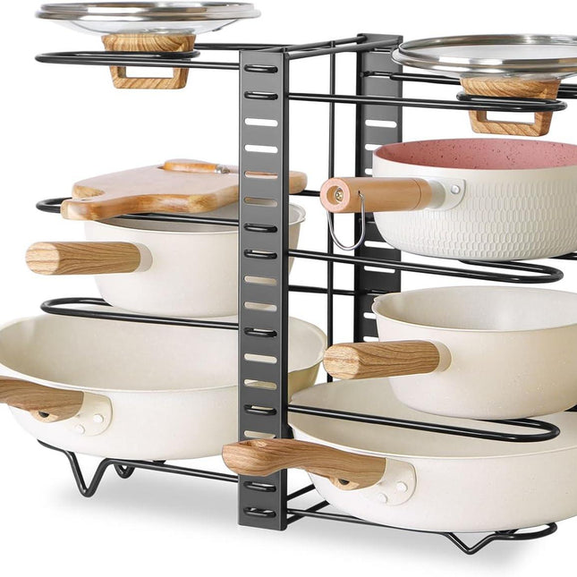 CARLA HOME Adjustable 8-Tier Pan Rack Pot Organizer for Kitchen Cabinet.