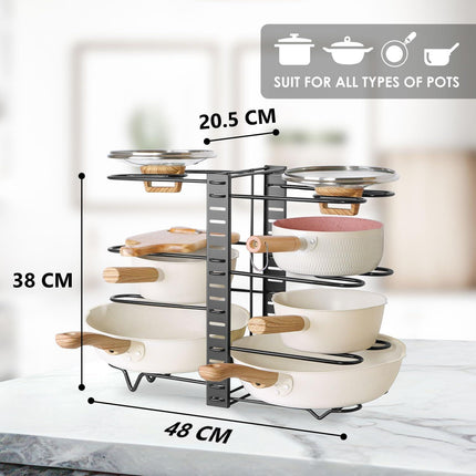 CARLA HOME Adjustable 8-Tier Pan Rack Pot Organizer for Kitchen Cabinet.