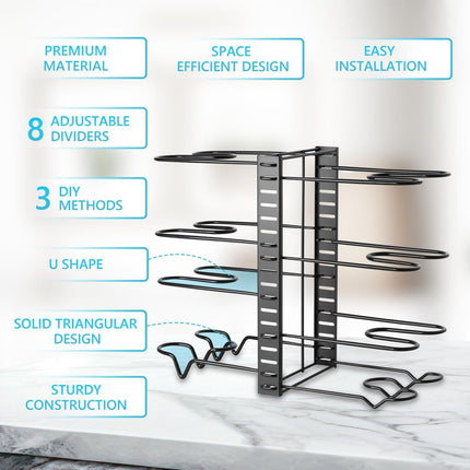 CARLA HOME Adjustable 8-Tier Pan Rack Pot Organizer for Kitchen Cabinet.