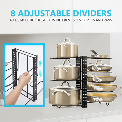 CARLA HOME Adjustable 8-Tier Pan Rack Pot Organizer for Kitchen Cabinet.