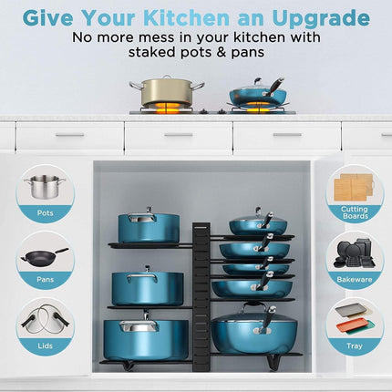 CARLA HOME Adjustable 8-Tier Pan Rack Pot Organizer for Kitchen Cabinet.